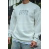 Erkek 3 İplik Pamuklu Bisiklet Yaka Baskılı SweatShirt - Beyaz