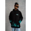 Erkek 3 İplik Pamuklu Alev Baskılı Kapüşonlu hoodie Sweatshirt - Siyah