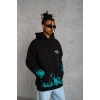 Erkek 3 İplik Pamuklu Alev Baskılı Kapüşonlu hoodie Sweatshirt - Siyah
