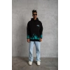 Erkek 3 İplik Pamuklu Alev Baskılı Kapüşonlu hoodie Sweatshirt - Siyah