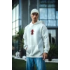 Erkek Kapüşonlu Kanguru Cepli Sweatshirt 3 İplik Pamuklu Baskılı Hoodie -  Beyaz