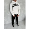 Erkek 3 İplik Pamuklu Kapüşonlu Baskılı Cepli Oversize Sweatshirt Hoodie - Beyaz