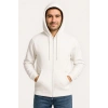 Erkek Üç İplik Kapüşonlu Tam Fermuarlı Kanguru Cepli SweatShirt Hoodie - Beyaz