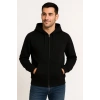 Erkek Üç İplik Kapüşonlu Tam Fermuarlı Kanguru Çepli SweatShirt Hoodie - Siyah