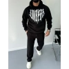 Erkek Kapüşonlu Kanguru Cepli Sweatshirt 3 İplik Pamuklu Baskılı Hoodie -  Siyah