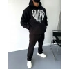 Erkek Kapüşonlu Kanguru Cepli Sweatshirt 3 İplik Pamuklu Baskılı Hoodie -  Siyah
