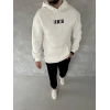 Erkek Kapüşonlu Kanguru Cepli Sweatshirt 3 İplik Pamuklu Baskılı Hoodie -  Beyaz