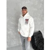 Erkek Kapüşonlu Kanguru Cepli Sweatshirt 3 İplik Pamuklu Baskılı Hoodie - Beyaz