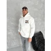 Erkek Kapüşonlu Kanguru Cepli Sweatshirt 3 İplik Pamuklu Baskılı Hoodie - Beyaz