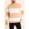 Erkek 3 iplik pamuklu Parçalı Bisiklet Yaka SweatShirt - Bej