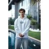 Erkek Kapüşonlu Kanguru Cepli Sweatshirt 3 İplik Pamuklu Baskılı Hoodie - Beyaz