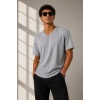 Erkek V Yaka Basic Tişört Kısa Kol Yazlık Regular Fit T-Shirt - Gri