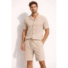Erkek Waffle Kumaş Kısa Kol Gömlek Şort Takım Regular Yazlık İkili Set - Bej