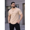Erkek Waffle Kumaş Kısa Kollu Düğmeli Açık Yaka Regular Fit Gömlek - Bej
