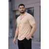 Erkek Waffle Kumaş Kısa Kollu Düğmeli Açık Yaka Regular Fit Gömlek - Bej