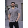 Erkek Waffle Kumaş Kısa Kollu Düğmeli Açık Yaka Regular Fit Gömlek - Gri
