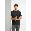 Erkek Wafıl Kumaş Tişört Regular Kalıp Bisiklet Yaka Baskılı Günlük Basic T-Shirt - Siyah