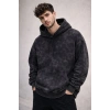 Erkek Yağ Yıkamalı Kapşonlu Double Oversize Üç İplik Pamuklu Sweatshirt - Siyah