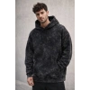 Erkek Yağ Yıkamalı Kapşonlu Double Oversize Üç İplik Pamuklu Sweatshirt - Siyah