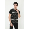 Erkek Yakalı Slim Fit Baskılı T-Shirt - Siyah