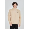 Erkek Yarım Fermuarlı Baskılı 3 iplik pamuklu sweatshirt - Bej