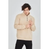 Erkek Yarım Fermuarlı Baskılı 3 iplik pamuklu sweatshirt - Bej