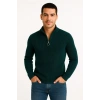 Erkek Yarım Fermuarlı Triko Kazak – Selanik Örgü, Dik Yaka, Pamuklu Dokuma, Regular Fit Uzun Kollu Kışlık Model - Haki