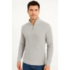 Erkek Yarım Fermuarlı Triko Kazak – Selanik Örgü, Dik Yaka, Pamuklu Dokuma, Regular Fit Uzun Kollu Kışlık Model - Gri