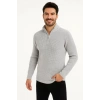 Erkek Yarım Fermuarlı Triko Kazak – Selanik Örgü, Dik Yaka, Pamuklu Dokuma, Regular Fit Uzun Kollu Kışlık Model - Gri