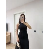 Fitilli Triko Elbise Kolsuz Sırtı Kapalı Maxi Uzun Boy - Siyah