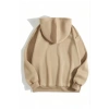 Kadın Kapüşonlu Kanguru Cepli 3 İplik Pamuklu Düz Hoodie Sweatshirt - Bej