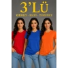 Kadın 3’lü Kısa Kollu Bisiklet Yaka Basic Slim Fit T-Shirt - Kırmızı - Mavi - Turuncu