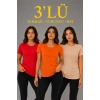 Kadın 3’lü Kısa Kollu Bisiklet Yaka Basic Slim Fit T-Shirt - Kırmızı - Turuncu - Bej