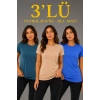 Kadın 3’lü Kısa Kollu Bisiklet Yaka Basic Slim Fit T-Shirt -Petrol Mavisi  - Bej - Mavi