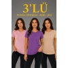 Kadın 3’lü Kısa Kollu Bisiklet Yaka Basic Slim Fit T-Shirt - Pudra Pembe - Mor - Bej