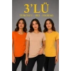 Kadın 3’lü Kısa Kollu Bisiklet Yaka Basic Slim Fit T-Shirt - Turuncu - Bej - Hardal