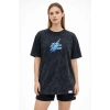 Kadın Asit Yıkamalı Oversize Tişört Bisiklet Yaka Kısa Kol T-shirt - Siyah