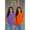 Kadın Basic Bisiklet Yaka Yazlık Slim fit T-Shirt - Mor  & Turuncu