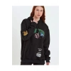 Kadın Oversize Kapüşonlu Cepli Ön Kol Baskılı 3 İplik Pamuklu Hoodie Sweatshirt - Siyah