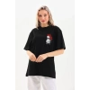 Kadın Kısa Kol Yazlık Tişört Bisiklet Yaka Baskılı Oversize T-Shirt - Siyah