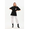 Kadın Kısa Kol Yazlık Tişört Bisiklet Yaka Baskılı Oversize T-Shirt - Siyah