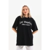 Kadın Baskılı Tişört Kısa Kol Bisiklet Yaka Oversize T-Shirt - Siyah