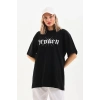 Kadın Kısa Kol Yazlık Tişört Bisiklet Yaka Baskılı Oversize T-Shirt - Siyah