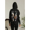 Kadın Oversize Kapüşonlu Cepli Baskılı 3 İplik Pamuklu Hoodie Sweatshirt - Siyah