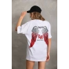 Kadın Baskılı Tişört Kısa Kol Bisiklet Yaka Oversize T-Shirt - Beyaz