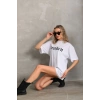 Kadın Kısa Kol Yazlık Tişört Bisiklet Yaka Baskılı Oversize T-Shirt - Beyaz
