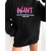 Kadın Oversize Kapüşonlu Cepli WANT Baskılı 3 İplik Pamuklu Hoodie Sweatshirt - Siyah