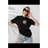 Kadın Bisiklet Yaka Baskılı  Kısa kol T-Shirt - Siyah
