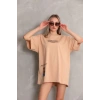 kadın Bisiklet Yaka Baskılı Oversize Kısa kol T-Shirt - Bej