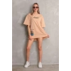 kadın Bisiklet Yaka Baskılı Oversize Kısa kol T-Shirt - Bej